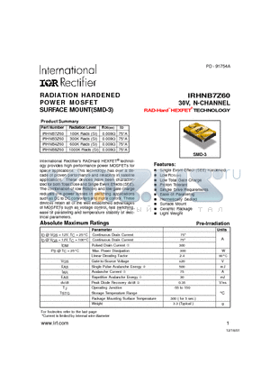 IRHNB3Z60 datasheet - RADIATION HARDENED POWER MOSFET SURFACE MOUNT(SMD-3)