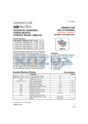 IRHNJ3130 datasheet - 100V, N-CHANNEL RAD-Hard HEXFET MOSFET TECHNOLOGY
