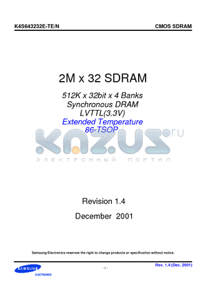 K4S643232E-TE50 datasheet - 2M x 32 SDRAM 512K x 32bit x 4 Banks Synchronous DRAM LVTTL(3.3V)