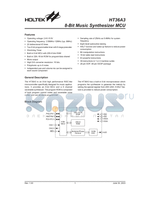 HT36A3 datasheet - 8-Bit Music Synthesizer MCU