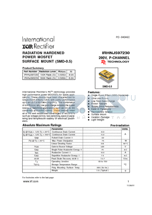 IRHNJ597230 datasheet - RADIATION HARDENED POWER MOSFET SURFACE MOUNT (SMD-0.5)