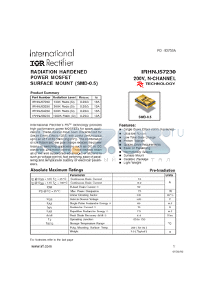 IRHNJ58230 datasheet - RADIATION HARDENED POWER MOSFET SURFACE MOUNT (SMD-0.5)