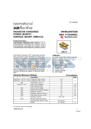 IRHNJ593230 datasheet - RADIATION HARDENED POWER MOSFET SURFACE MOUNT (SMD-0.5)