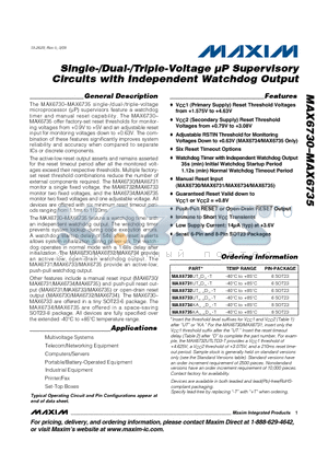 MAX6735KA__D_-T datasheet - Single-/Dual-/Triple-Voltage lP Supervisory Circuits with Independent Watchdog Output