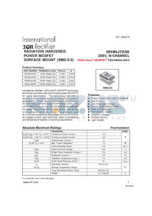 IRHNJ7230 datasheet - RADIATION HARDENED POWER MOSFET SURFACE MOUNT (SMD-0.5)