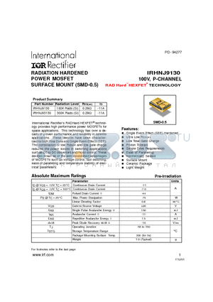 IRHNJ9130 datasheet - RADIATION HARDENED POWER MOSFET SURFACE MOUNT (SMD-0.5)