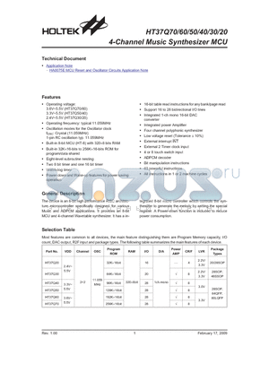 HT37Q70 datasheet - 4-Channel Music Synthesizer MCU