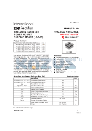 IRHQ53110 datasheet - RADIATION HARDENED POWER MOSFET SURFACE MOUNT (LCC-28), 100V, Quad N-CHANNEL