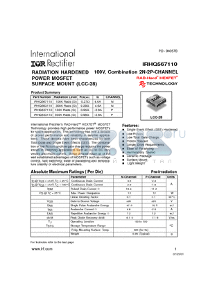 IRHQ567110 datasheet - RADIATION HARDENED 100V, COMBINATION 2N-2P-CHANNEL POWER MOSFET SURFACE MOUNT (LCC-28)