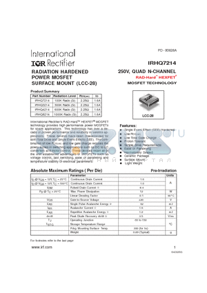 IRHQ8214 datasheet - RADIATION HARDENED POWER MOSFET SURFACE MOUNT (LCC-28)