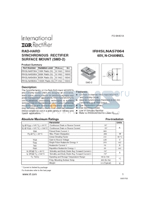 IRHSLNA54064 datasheet - RAD-HARD SYNCHRONOUS RECTIFIER SURFACE MOUNT (SMD-2)