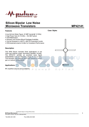MP42141-509 datasheet - Silicon Bipolar  Low Noise Microwave Transistors