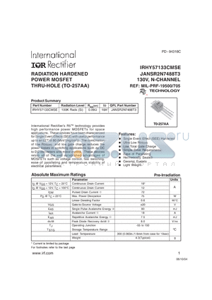 IRHY57133CMSE datasheet - RADIATION HARDENED POWER MOSFET THRU-HOLE (TO-257AA)