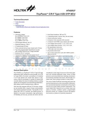 HT45R37 datasheet - TinyPowerTM C/R-F Type 8-Bit OTP MCU