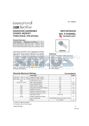 IRHY597034CM datasheet - RADIATION HARDENED POWER MOSFET THRU-HOLE (TO-257AA)