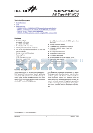 HT46C24 datasheet - A/D Type 8-Bit MCU