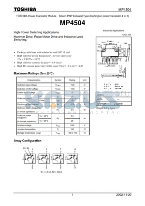 MP4504 datasheet - High Power Switching Applications. Hammer Drive, Pulse Motor Drive and Inductive Load Switching.