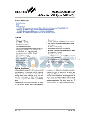 HT46C65-100 datasheet - A/D with LCD Type 8-Bit MCU