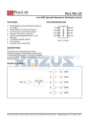 P701-25SC datasheet - Low EMI Spread Spectrum Multiplier Clock