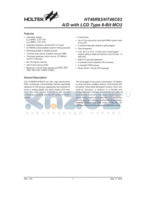 HT46C63 datasheet - A/D with LCD Type 8-Bit MCU