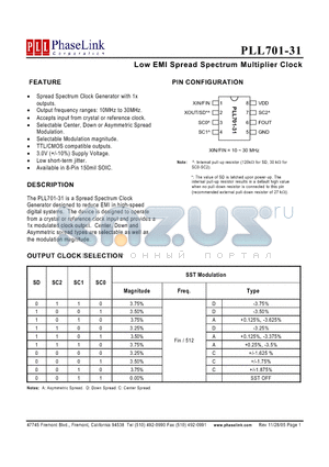 P701-31SC datasheet - Low EMI Spread Spectrum Multiplier Clock