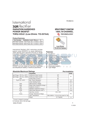 IRHYB63130CM datasheet - RADIATION HARDENED POWER MOSFET THRU-HOLE (Low-Ohmic TO-257AA)