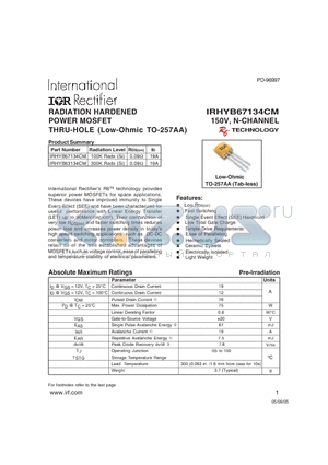 IRHYB63134CM datasheet - RADIATION HARDENED POWER MOSFET THRU-HOLE (Low-Ohmic TO-257AA)