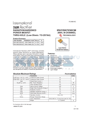 IRHYB67230CM datasheet - RADIATION HARDENED POWER MOSFET THRU-HOLE (Low-Ohmic TO-257AA)