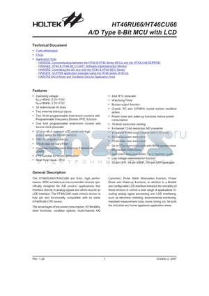 HT46CU66 datasheet - A/D Type 8-Bit MCU with LCD