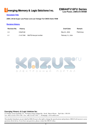 EM644FV16FU datasheet - 256K x16 bit Super Low Power and Low Voltage Full CMOS Static RAM