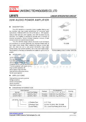 LM1875L-TA5-T datasheet - 20W AUDIO POWER AMPLIFIER