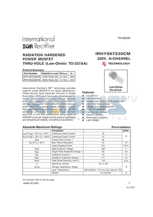 IRHYS63230CM datasheet - RADIATION HARDENED POWER MOSFET THRU-HOLE (Low-Ohmic TO-257AA)