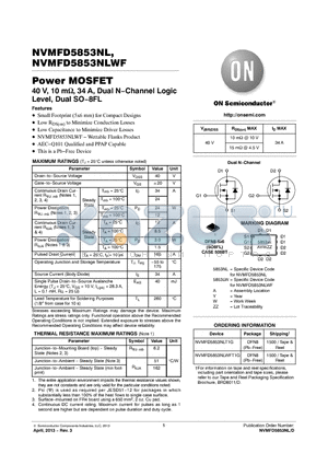 NVMFD5853NLT1G datasheet - Power MOSFET 40 V, 10 m, 34 A, Dual N.Channel Logic Level, Dual SO.8FL