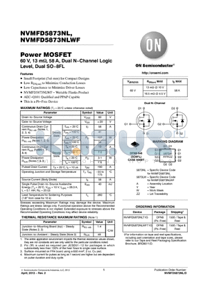 NVMFD5873NL datasheet - Power MOSFET 60 V, 13 m, 58 A, Dual N.Channel Logic Level, Dual SO.8FL