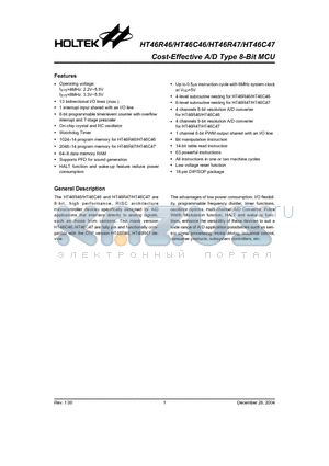 HT46R47 datasheet - Cost-Effective A/D Type 8-Bit MCU