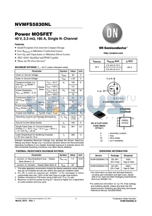 NVMFS5830NLT3G datasheet - Power MOSFET 40 V, 2.3 m, 185 A, Single N.Channel