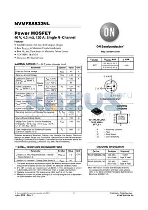 NVMFS5832NL datasheet - 40 V, 4.2 m, 120 A, Single NChannel