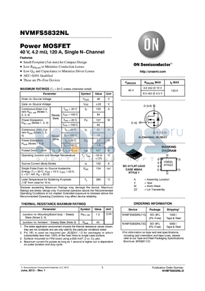 NVMFS5832NLT1G datasheet - 40 V, 4.2 m, 120 A, Single NChannel