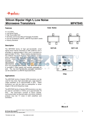 MP4T64500 datasheet - Silicon Bipolar High fT Low Noise Microwave Transistors