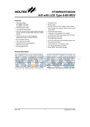 HT46R64 datasheet - A/D with LCD Type 8-Bit MCU