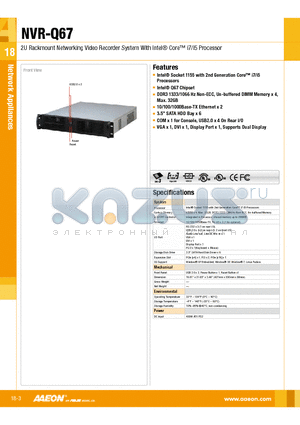 NVR-Q67 datasheet - Intel^ Socket 1155 with 2nd Generation Core i7/i5 Processors