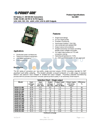 NVS0.5ZH-M6 datasheet - NV Series: 4 - 6W DC/DC Converters 9-36V, 18-36V, 36-72V & 16-75V Inputs 3.3V, 5.0V, 12V, 15V, a5.0V, a12V, a15V & a24V Outputs