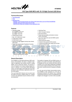 HT46R92 datasheet - A/D Type 8-Bit MCU with 1616 High Current LED Driver