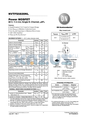 NVTFS5820NL datasheet - 60 V, 11.5 m, Single NChannel, 8FL Power MOSFET