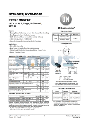 NVTR4502PT1G datasheet - 30 V, 1.95 A, Single, PChannel, SOT23