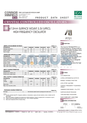 P721 datasheet - 5x7.0mm SURFACE MOUNT 3.3V LVPECL HIGH FREQUENCY OSCILLATOR