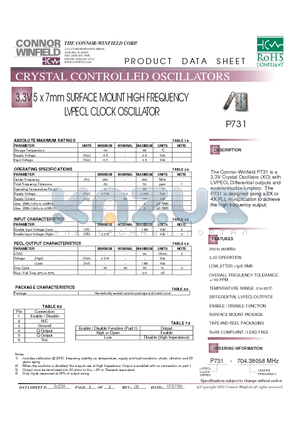 P731-704.38058M datasheet - 3.3V 5 x 7mm SURFACE MOUNT HIGH FREQUENCY LVPECL CLOCK OSCILLATOR