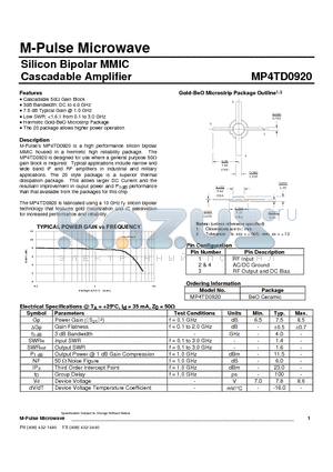 MP4TD0920 datasheet - Silicon Bipolar MMIC Cascadable Amplifier