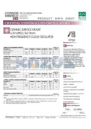 P752 datasheet - CERAMIC SURFACE MOUNT 3.3V LVPECL 5x7.0mm HIGH FREQUENCY CLOCK OSCILLATOR