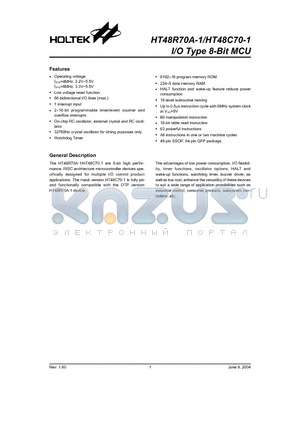 HT48C70-1 datasheet - I/O Type 8-Bit MCU